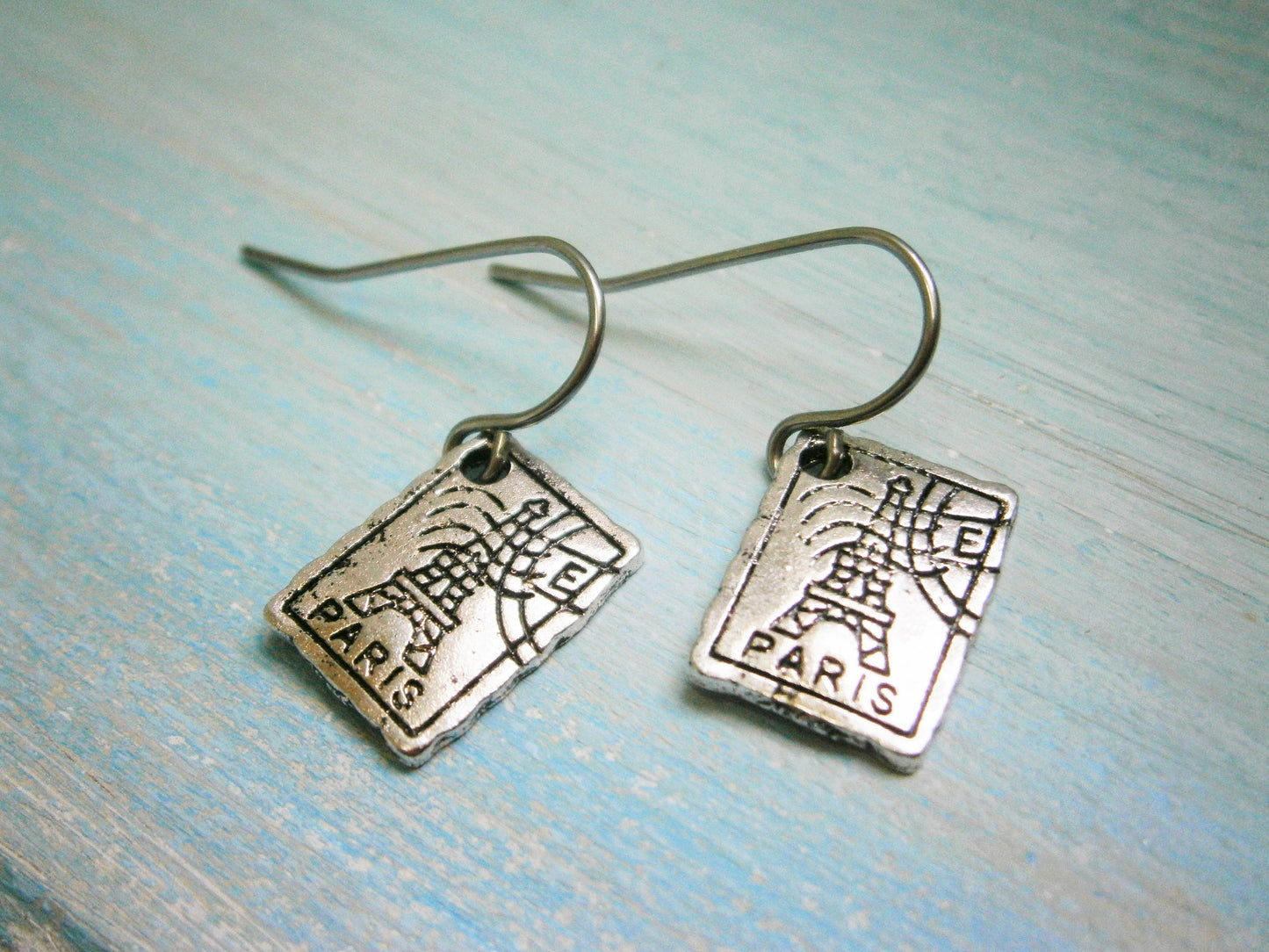 Antique Silver Plated Small Paris Stamp Charm Pendant On Stainless Steel French Earring Hooks/Paris Earrings/Boho Style/Travel Jewelry
