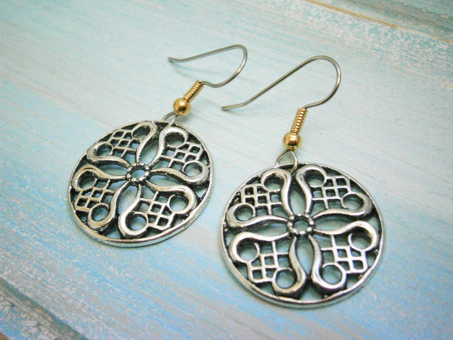 Antique Silver Filigree Charm Pendant on Stainless Steel Earring Hooks/Bohemian Jewelry/Filigree Earrings/Hypo Allergenic/Boho Earrings