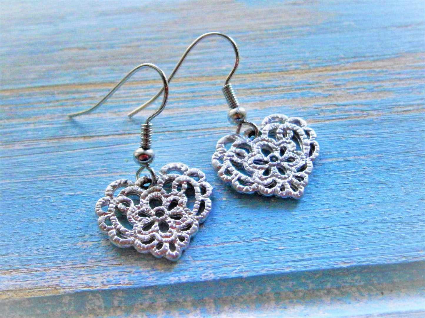 Rhodium Plated Filigree Floral Lace Heart Pendant on Rhodium Plated Spring Ball French Earring Hooks/Dangle Earrings/Heart Earrings