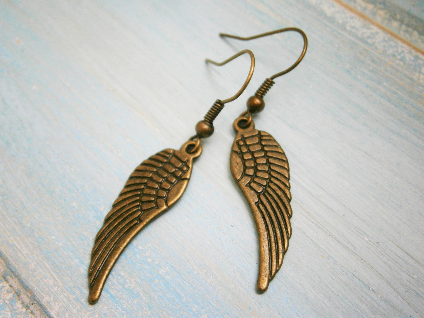 Angel Wing Antique Bronze Charm On Antique Bronze French Earring Hooks/Dangle Earrings/Wing Earrings/Bohemian Jewellery/Boho Earrings