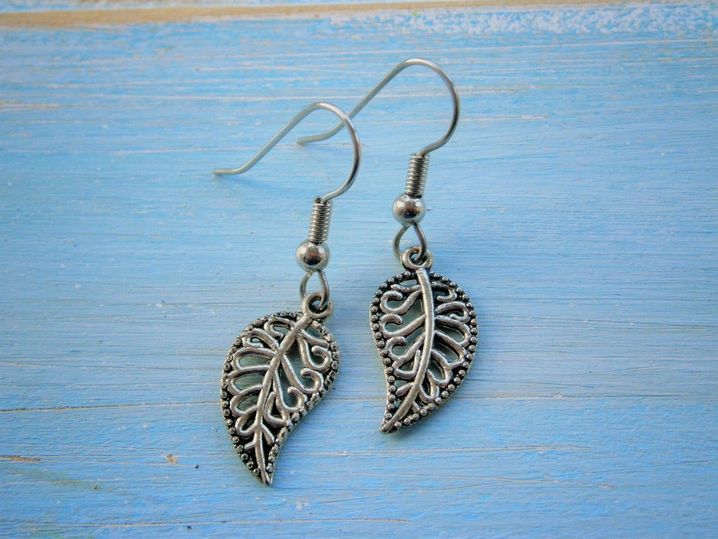 Antique Silver Mini Filigree Leaf Charm on Stainless Steel Earring Hooks/Dangle Earrings/Nature Earrings/Woodland Earrings/Hypo Allergenic