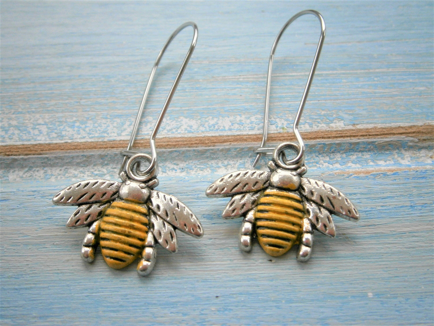 Antique Silver Bumble Bee with Yellow Patina Tummy on Stainless Steel Kidney Wire Earring Hooks/Dangle Earring/Boho Jewelry/Woodland Jewelry