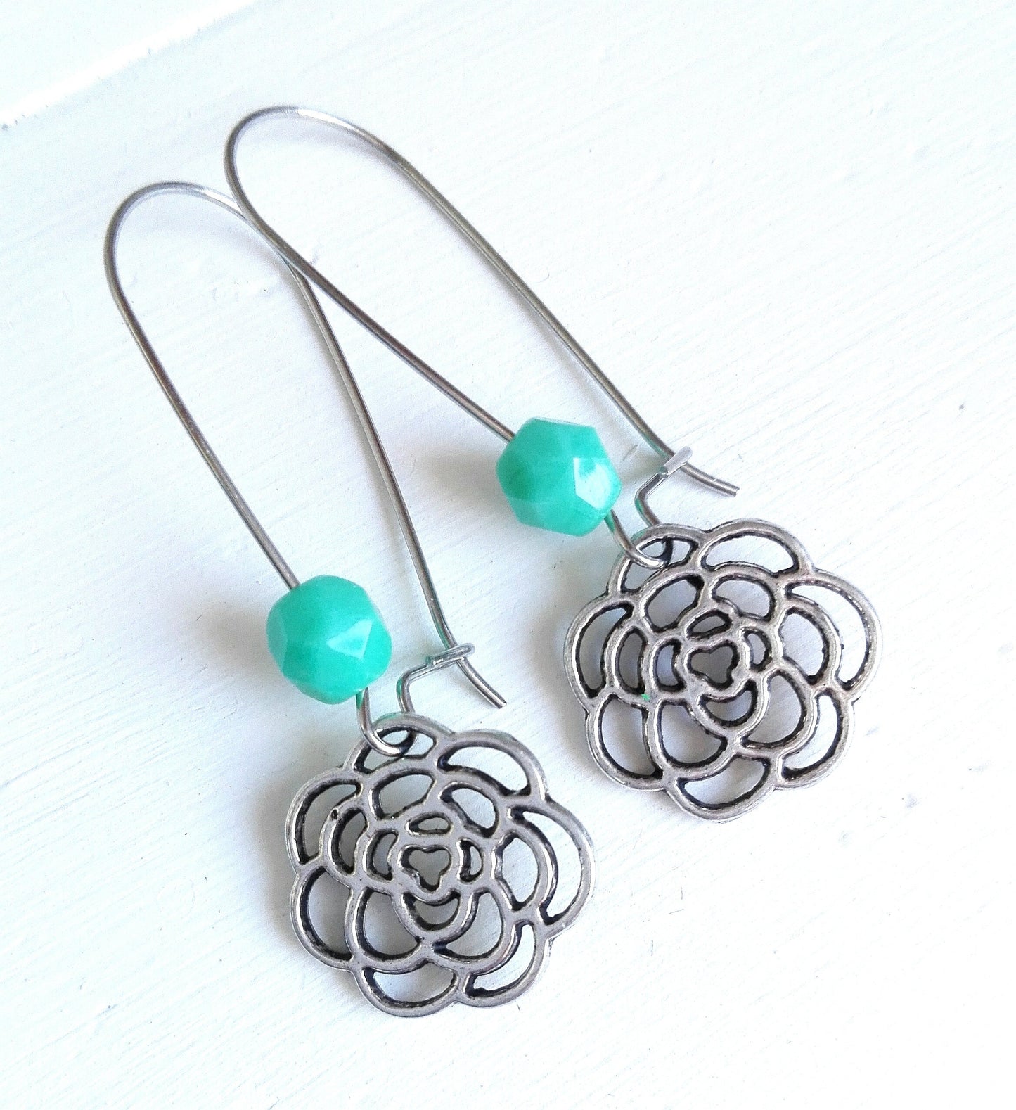Turquoise Glass Faceted Bead with Antique Silver Filigree Flower On Stainless Steel Kidney Wire Earring Hooks/Dangle Earrings/Boho Jewelry