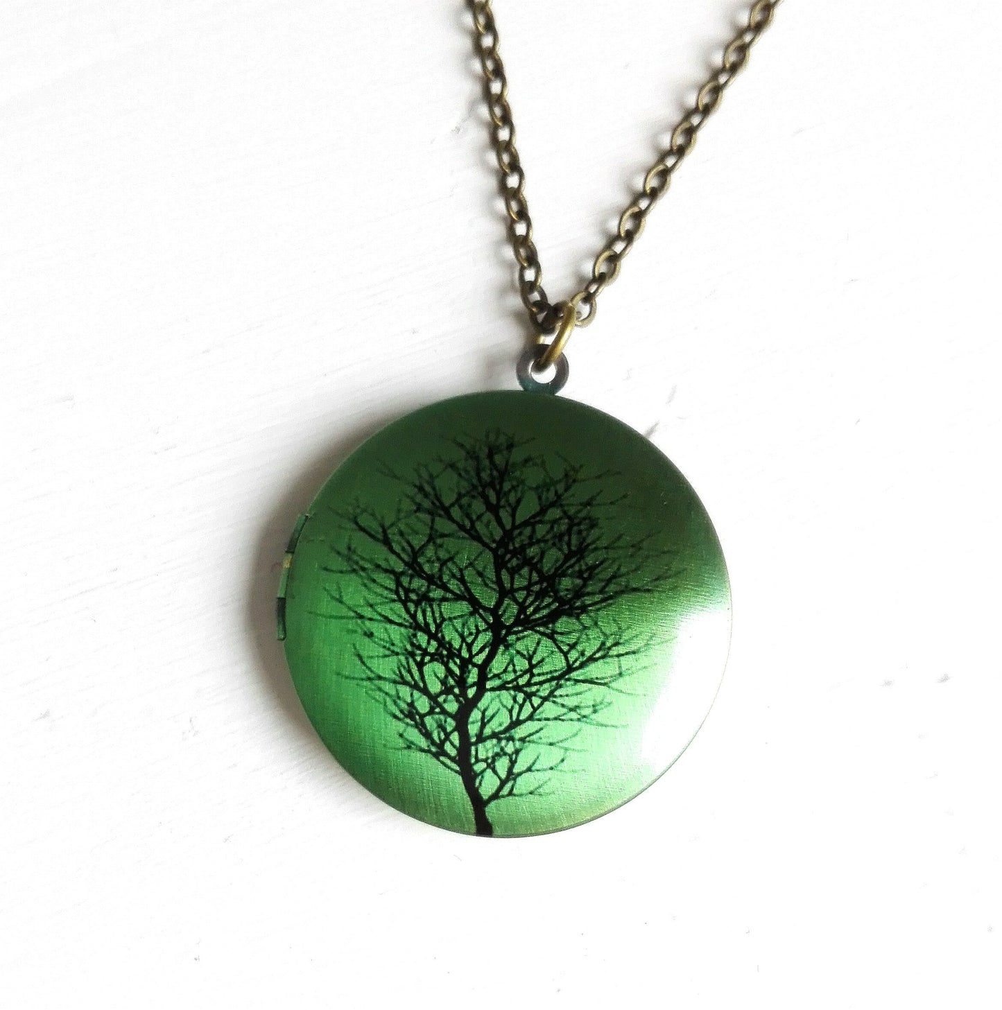 Tree Silhouette Picture Locket Necklace/Antique Bronze Locket with detailed Photo of a Tree Silhouette on a Green Background/Locket Necklace