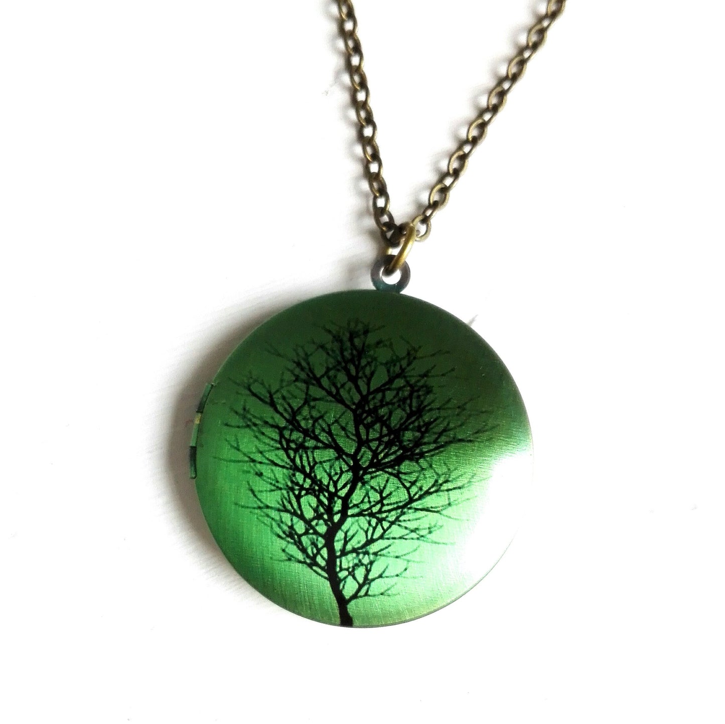 Tree Silhouette Picture Locket Necklace/Antique Bronze Locket with detailed Photo of a Tree Silhouette on a Green Background/Locket Necklace