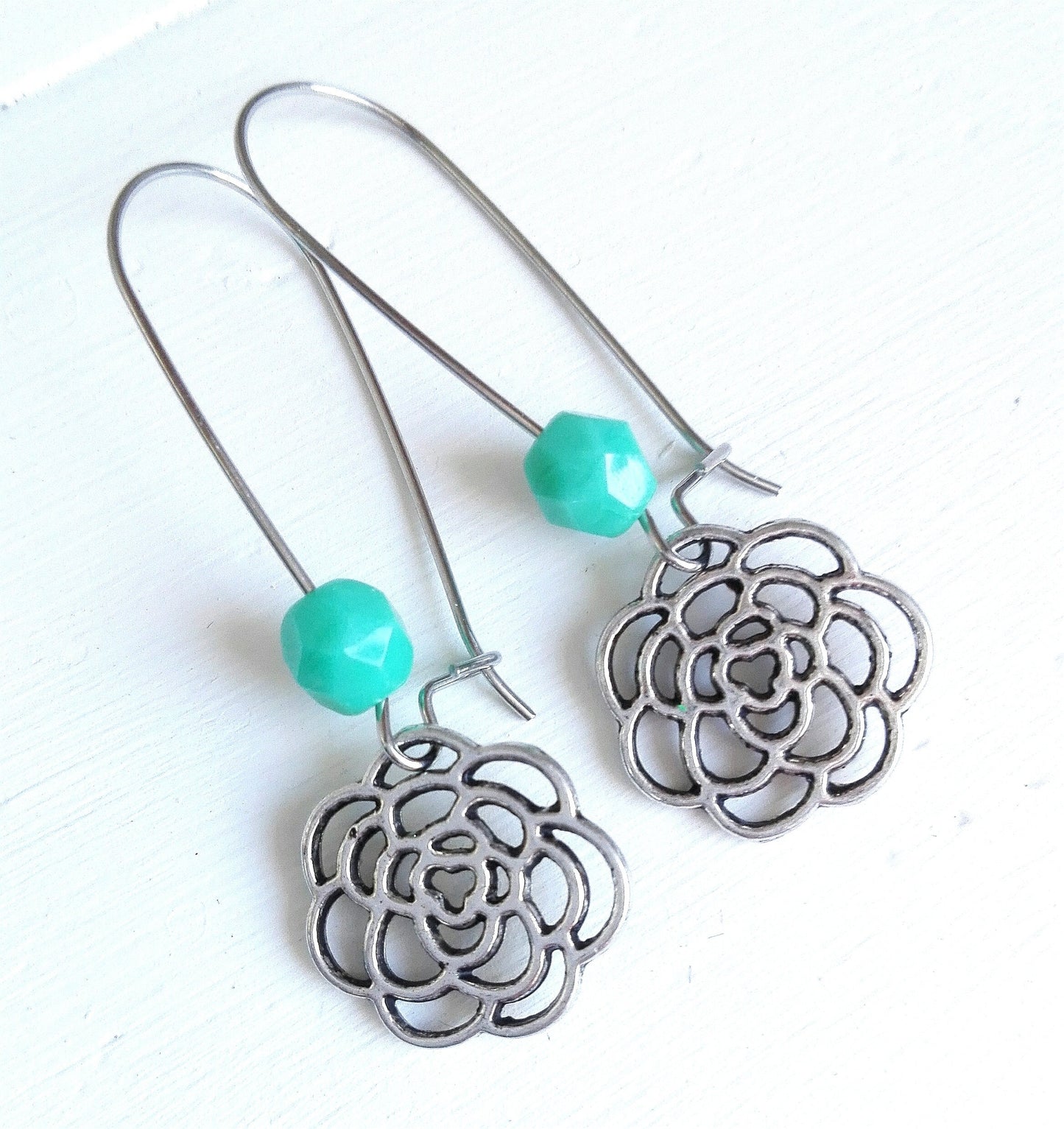 Turquoise Glass Faceted Bead with Antique Silver Filigree Flower On Stainless Steel Kidney Wire Earring Hooks/Dangle Earrings/Boho Jewelry