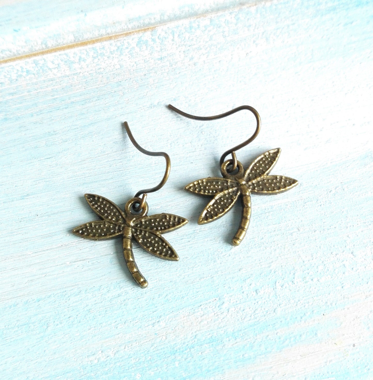 Antique Bronze Dragonfly Charm Pendant On Antique Bronze Brass Small Earring Hooks/Dangle Earrings/Dragonfly Earrings/Woodland Earrings