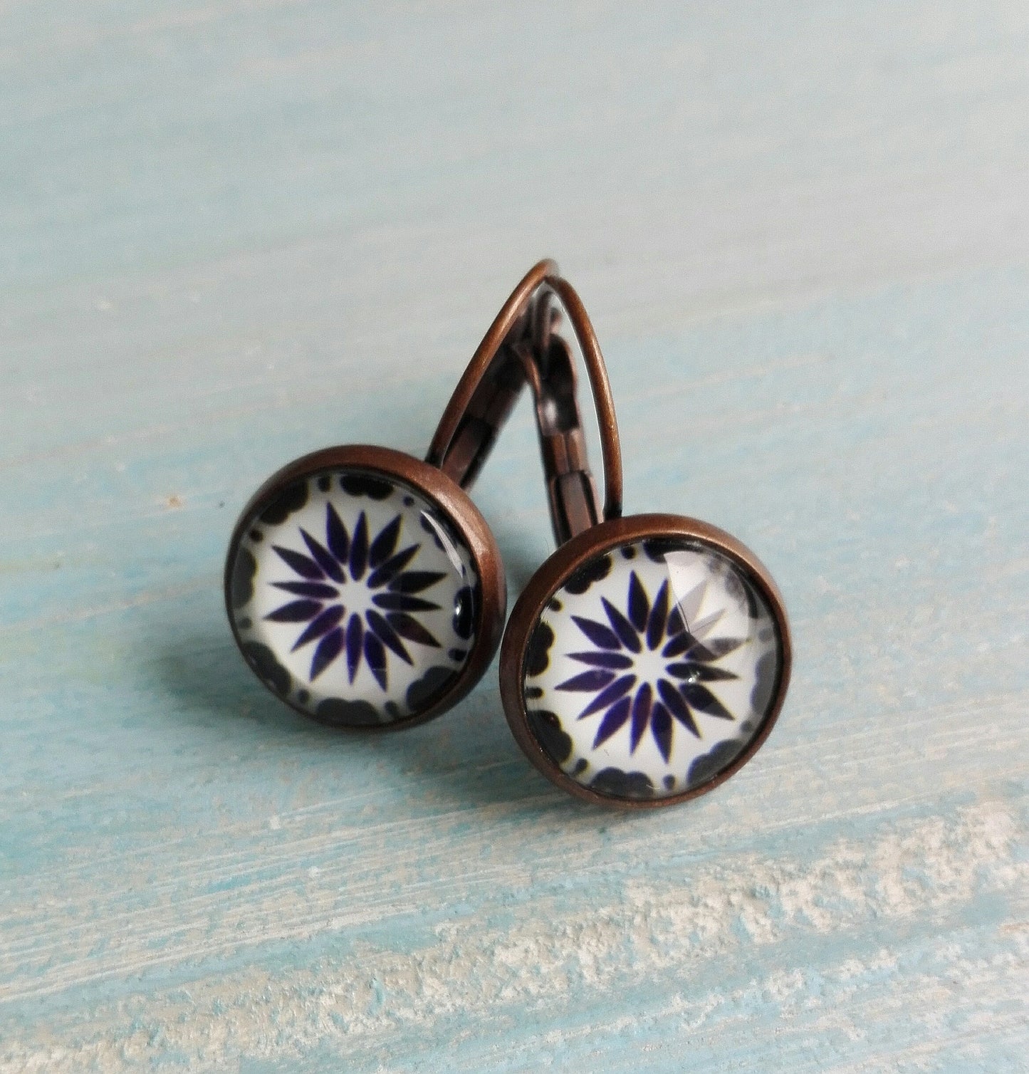 Black,Navy and White Mosaic Starburst Print Earrings/Black and White Earrings/Dangle Earrings/Earrings/Glass Dome Earrings/Bridesmaids Gifts