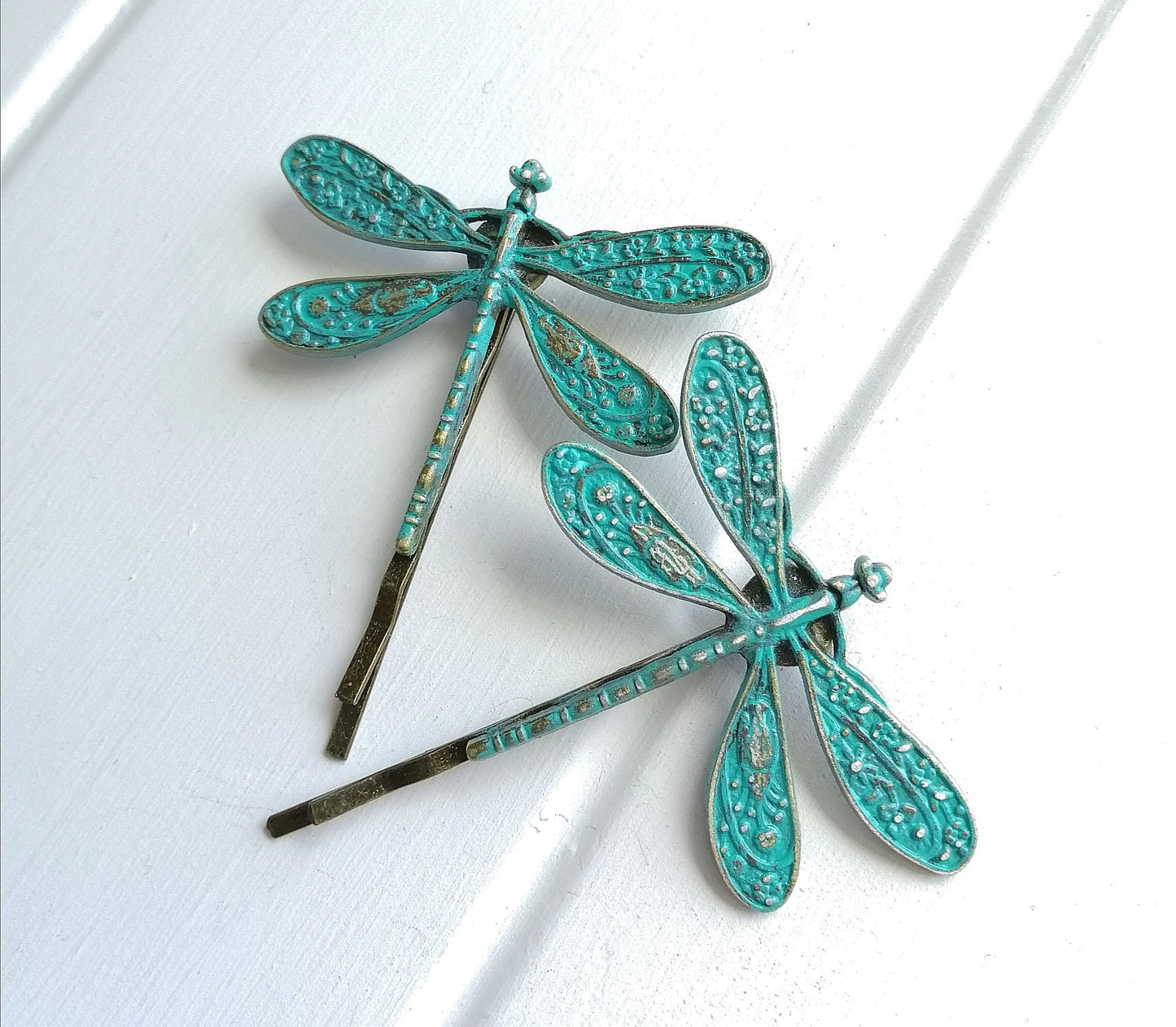 Verdigris/Turquoise Patina Antique Bronze Plated Set of 2 Dragonfly Bobby Pins/Dragonfly Hair Clips/Boho Hair Clips/Wedding Hair Accessories