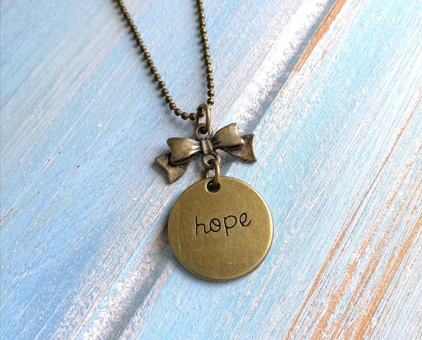 Hope Necklace/Antique Bronze Necklace with Antique Bronze Ribbon Bow Connector & Antique Bronze Hope Engraved Disc Charm/Boho Necklace