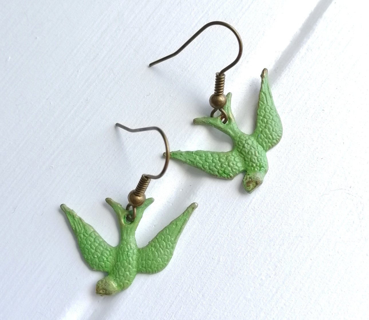 Ochre/Yellow Painted Patina Swallow Bird Charm On Antique Bronze Earwires/Boho Jewelry/Nature Inspired/Woodland Jewelry/Patina Jewelry