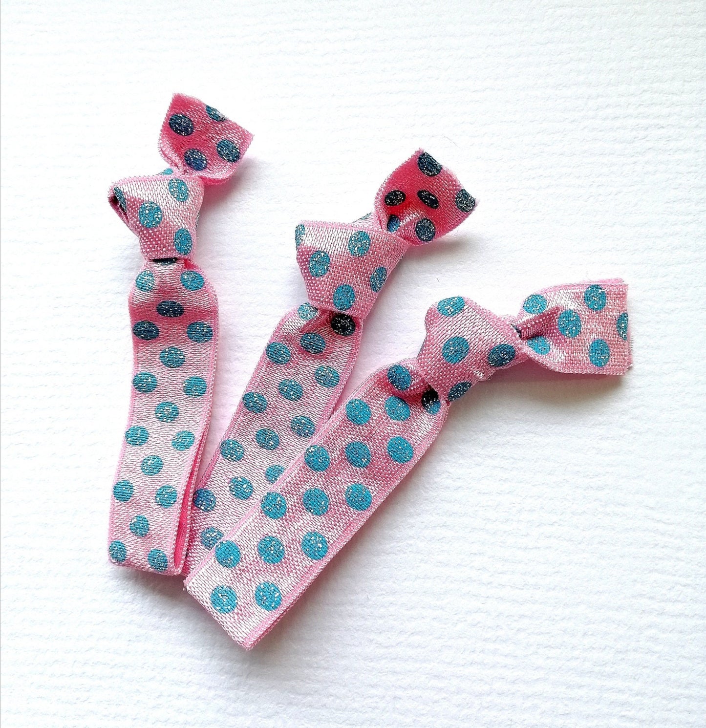 Pixie Dust - Set of 3 Pink Elastic Hair Ties with Blue Glitter Polka Dots by Crimson Rose Cottage/Sparkle Hair Tie/Polka Dot Hair Tie