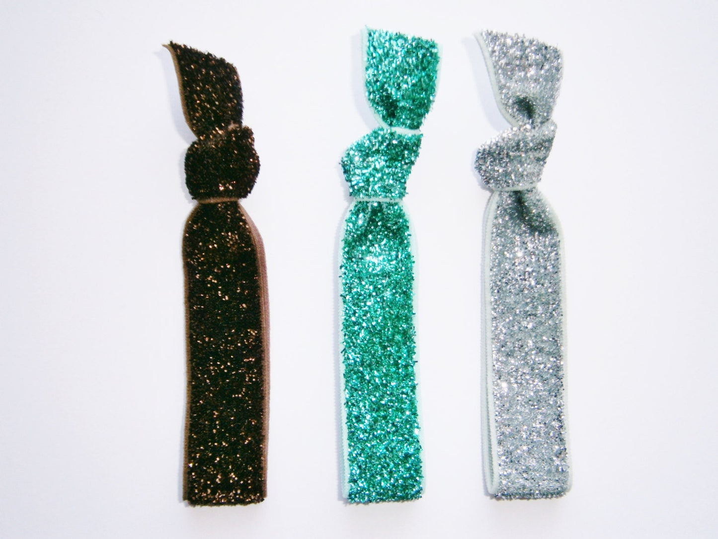 Set of 3 Glitter Hair Tie Package by Crimson Rose Cottage - Brown, Turquoise and Silver Glitter Hair Ties that Double as Bracelets