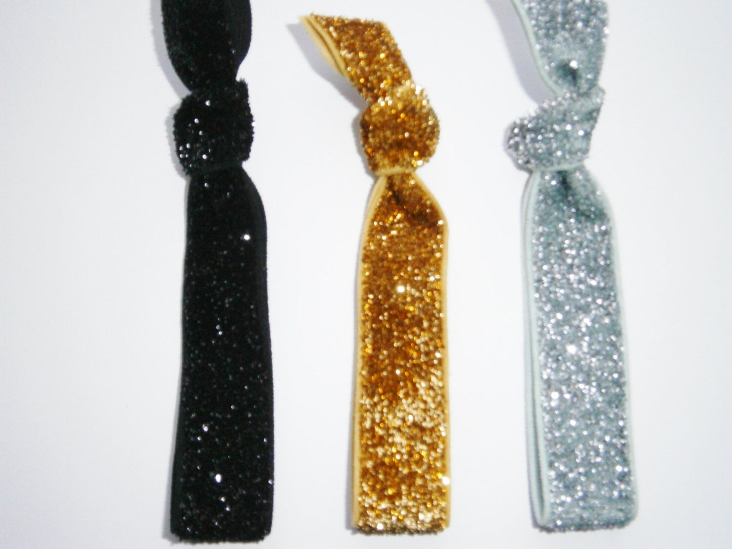 Set of 3 Glitter Hair Tie Package by Crimson Rose Cottage - Black, Gold and Silver Glitter Hair Ties that Double as Bracelets