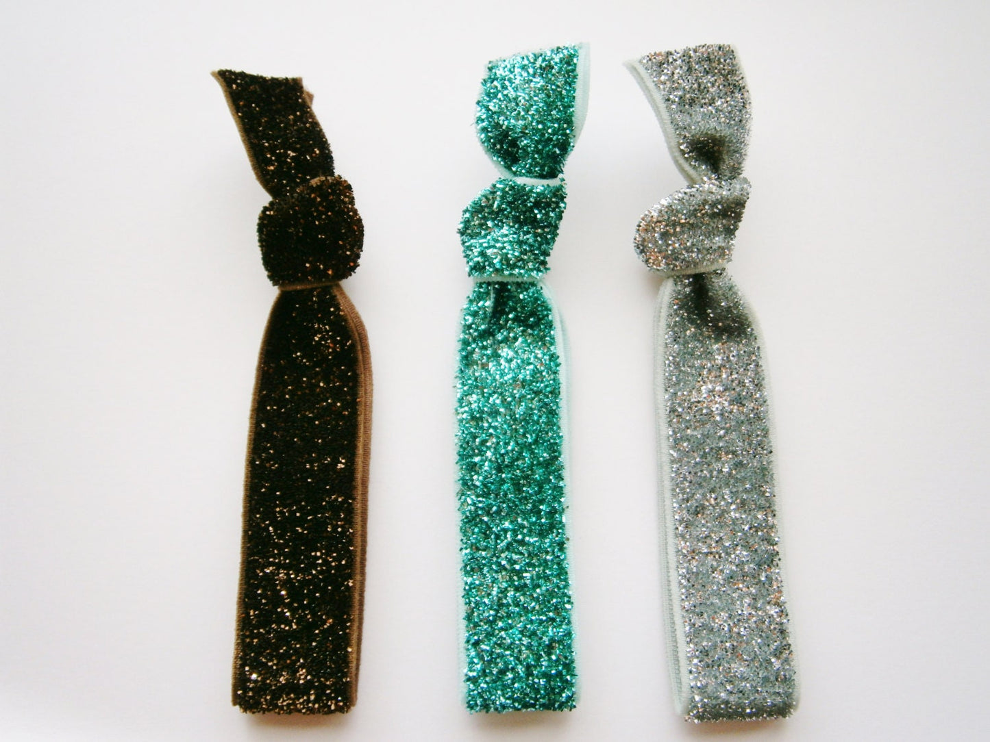 Set of 3 Glitter Hair Tie Package by Crimson Rose Cottage - Brown, Turquoise and Silver Glitter Hair Ties that Double as Bracelets