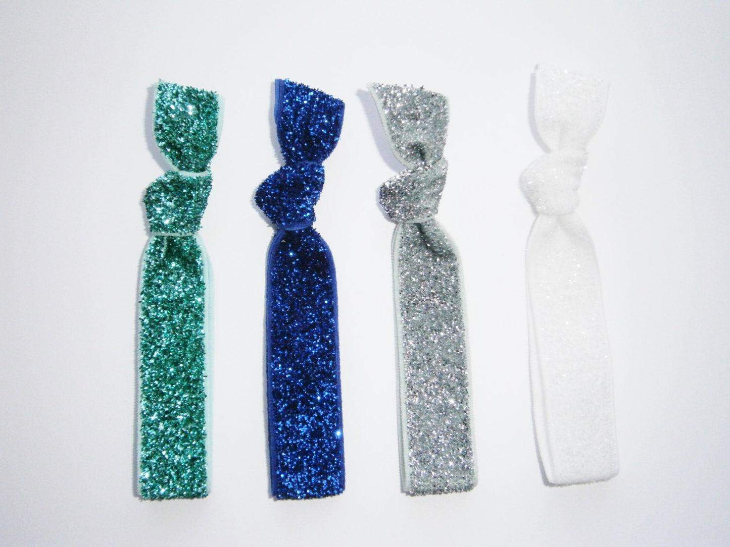Set of 4 Glitter Hair Tie Package by Crimson Rose Cottage - Blue, Turquoise, Silver and White Glitter Hair Ties that Double as Bracelets