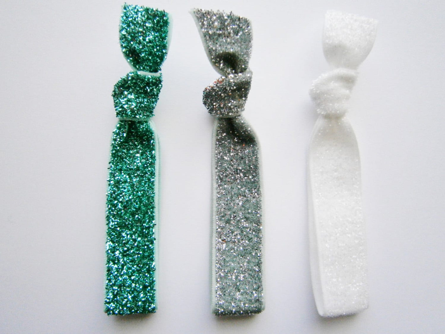 Set of 3 Glitter Hair Tie Package by Crimson Rose Cottage - Turquoise, Silver and White Glitter Hair Ties that Double as Bracelets