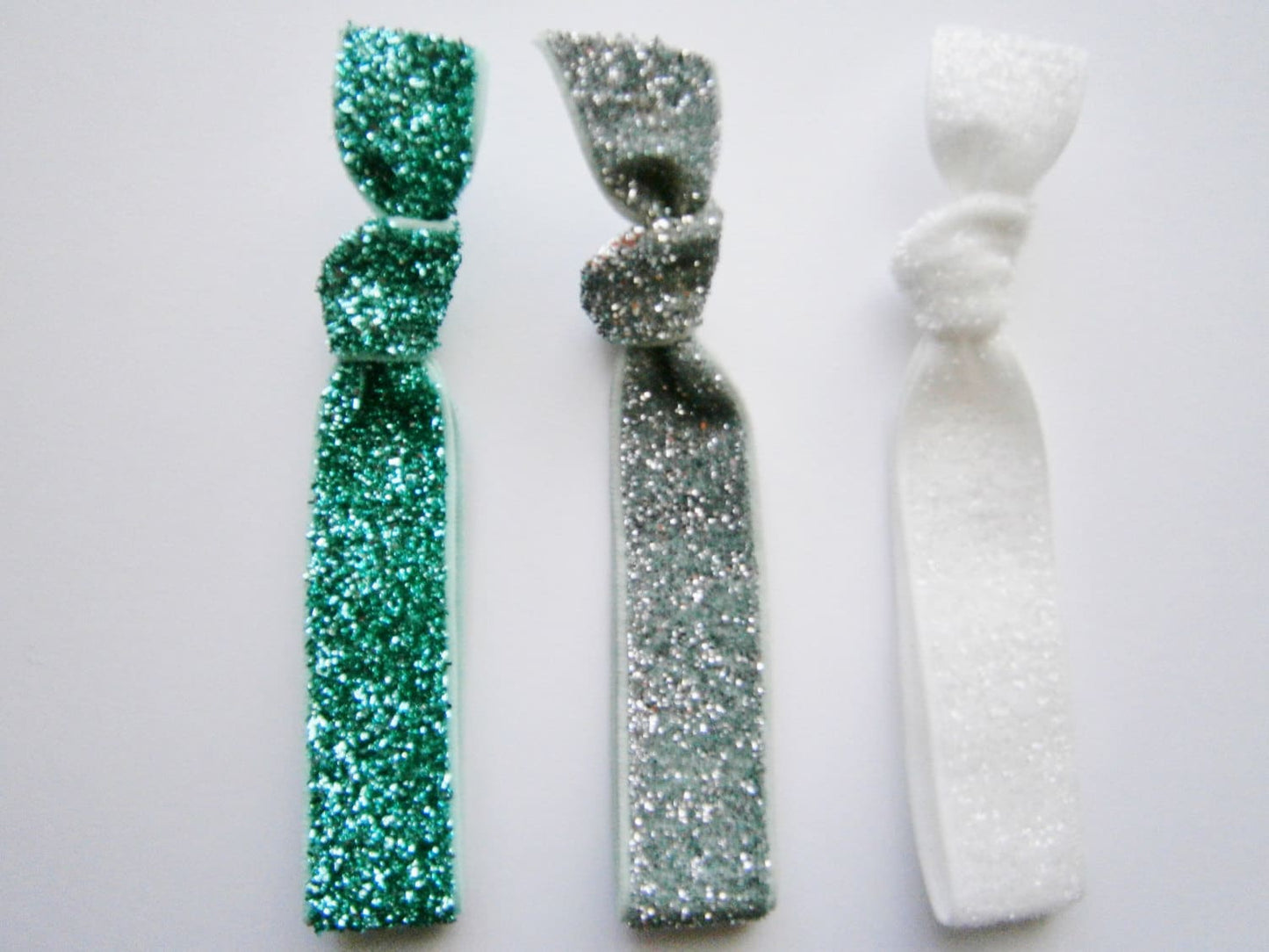 Set of 3 Glitter Hair Tie Package by Crimson Rose Cottage - Turquoise, Silver and White Glitter Hair Ties that Double as Bracelets