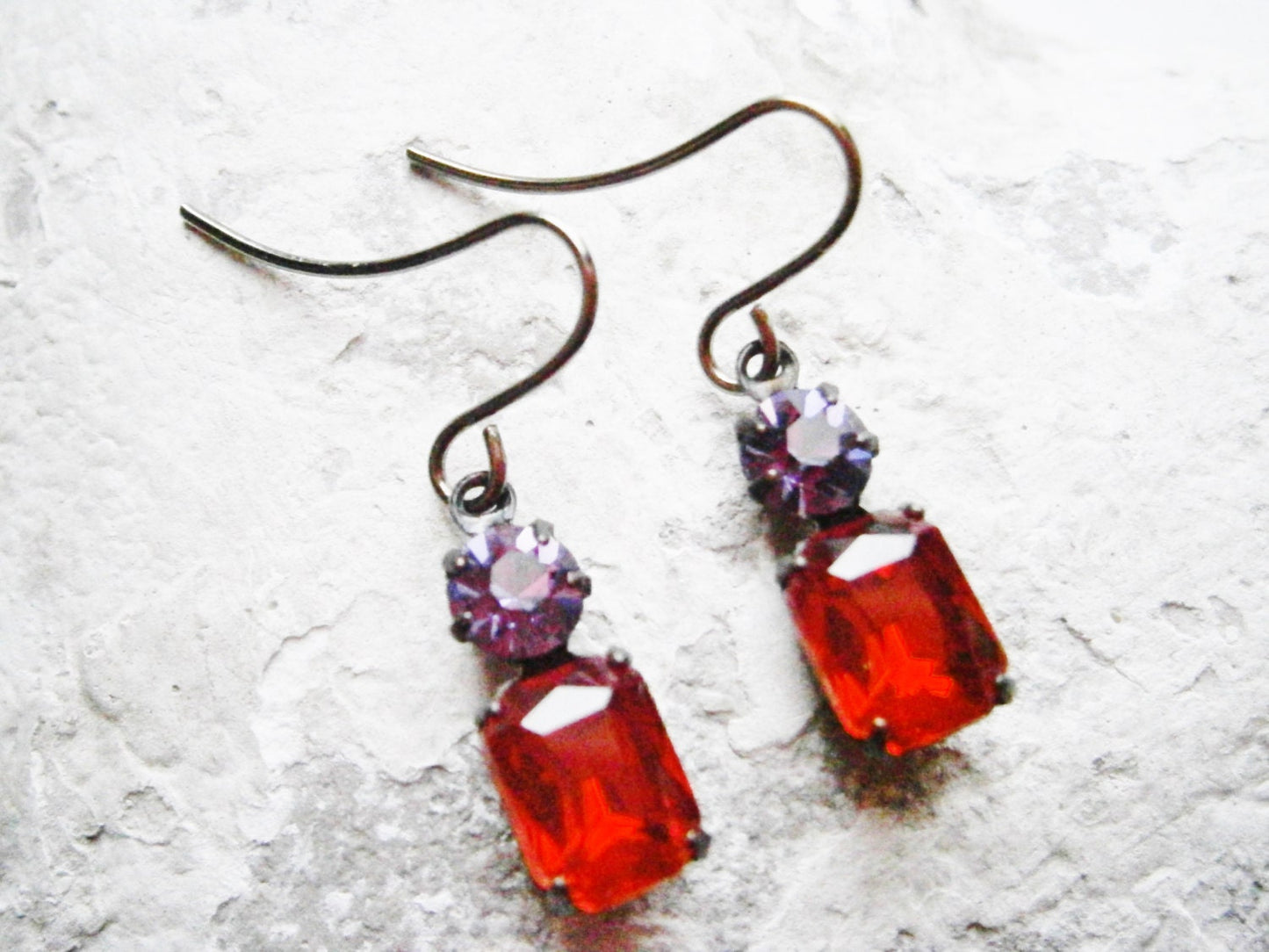 Vintage Glass Stone Siam & Swarovski Crystal Cardinal in Black Antique Brass On Gunmetal Black Plated French Earring Wires/Dangle Earrings