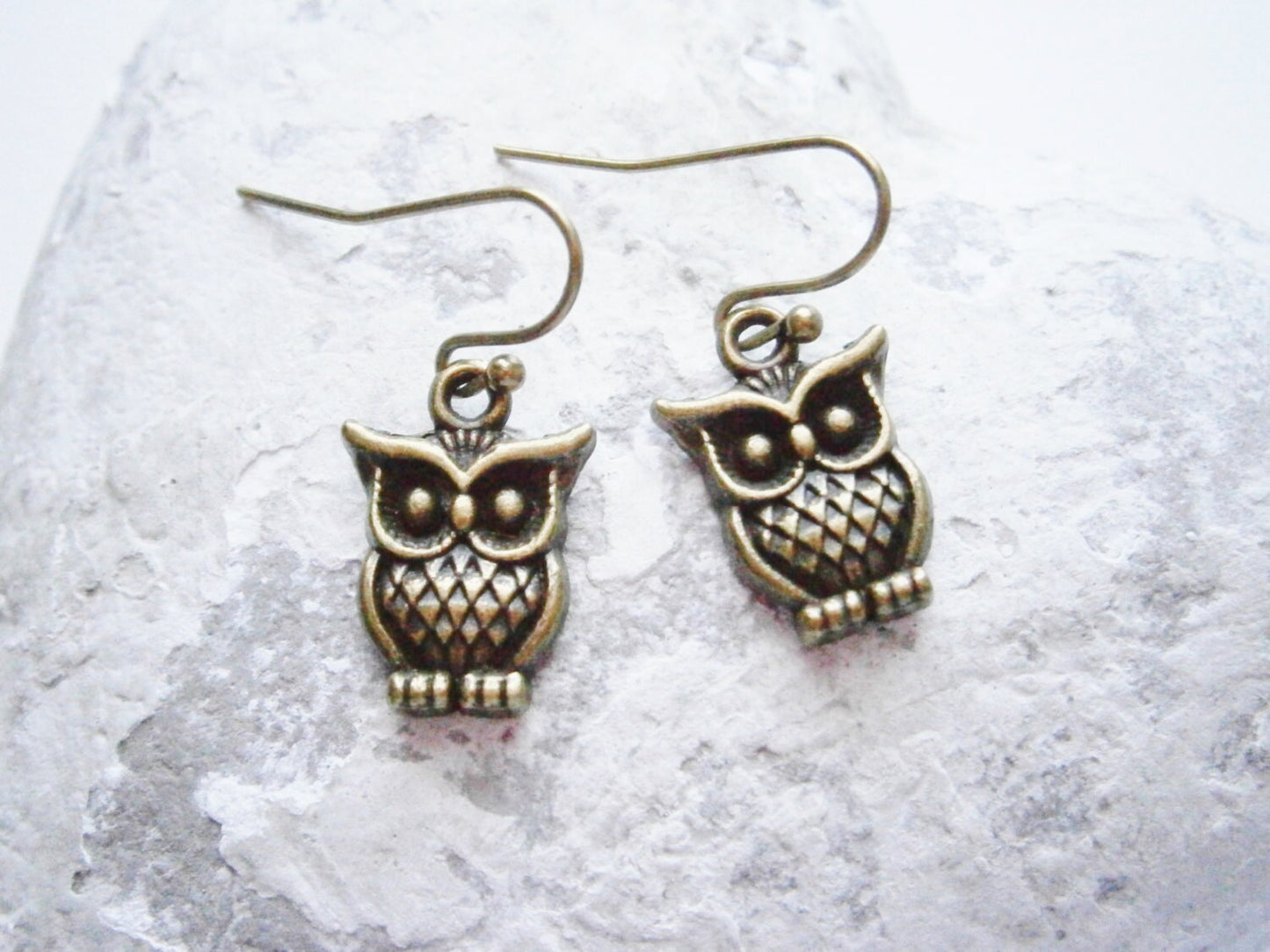 Small Antique Bronze Owl Charm On Antique Bronze Brass French Earring Hooks/Dangle Earrings