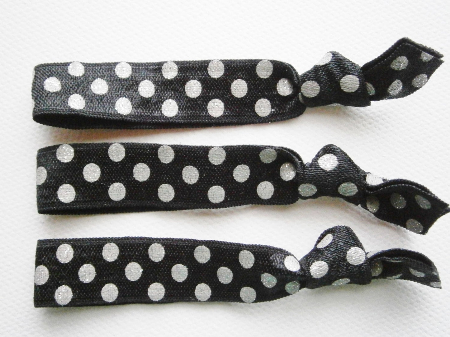 Starlight - Set of 3 Black with Silver Glitter Polka Dots Hair Ties by Crimson Rose Cottage/Boho Elastic Hair Tie/Boho Soft Bracelet