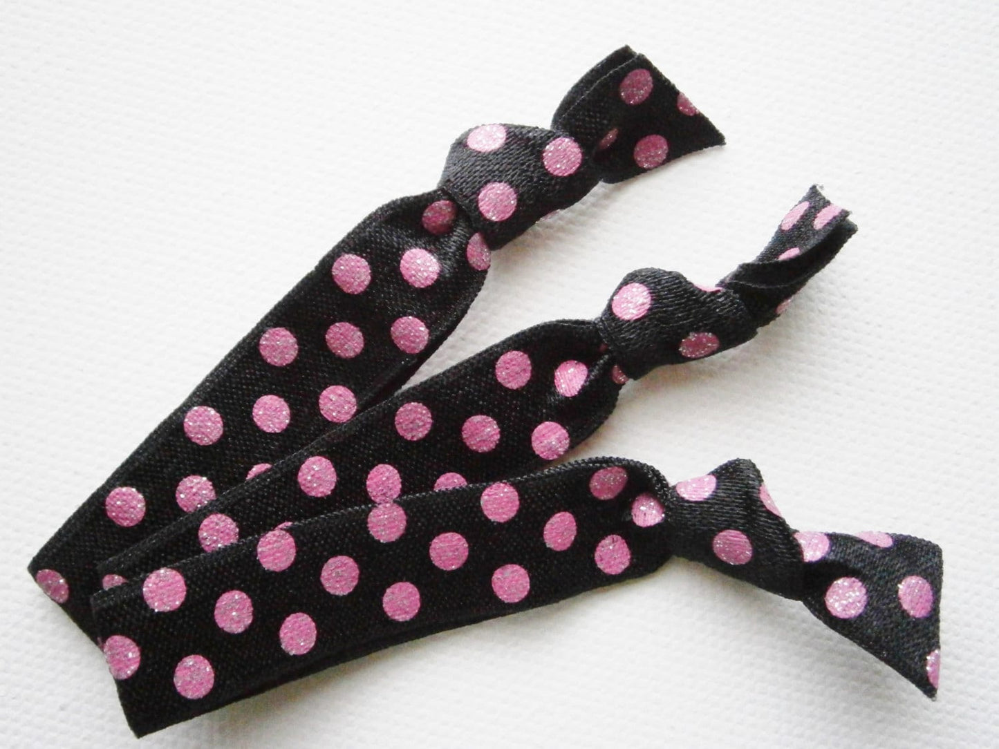 Glitz & Glam - Set of 3 Black with Pink Glitter Polka Dots Hair Ties by Crimson Rose Cottage/Boho Elastic Hair Tie/Boho Soft Bracelet
