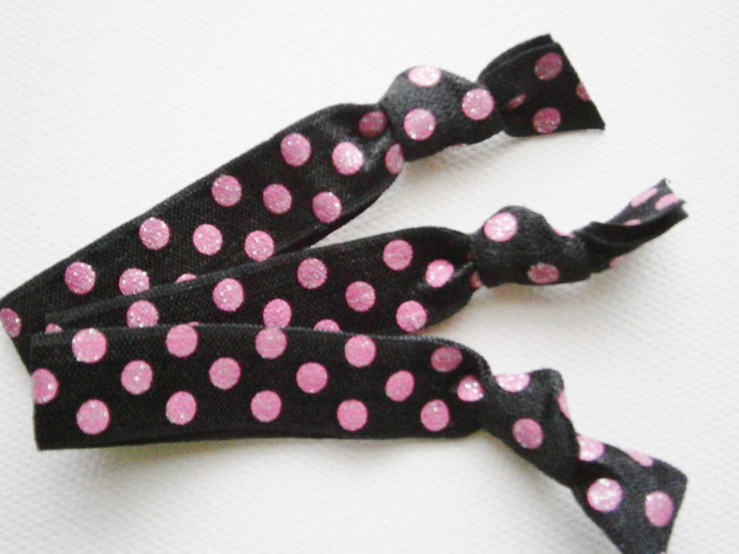 Glitz & Glam - Set of 3 Black with Pink Glitter Polka Dots Hair Ties by Crimson Rose Cottage/Boho Elastic Hair Tie/Boho Soft Bracelet
