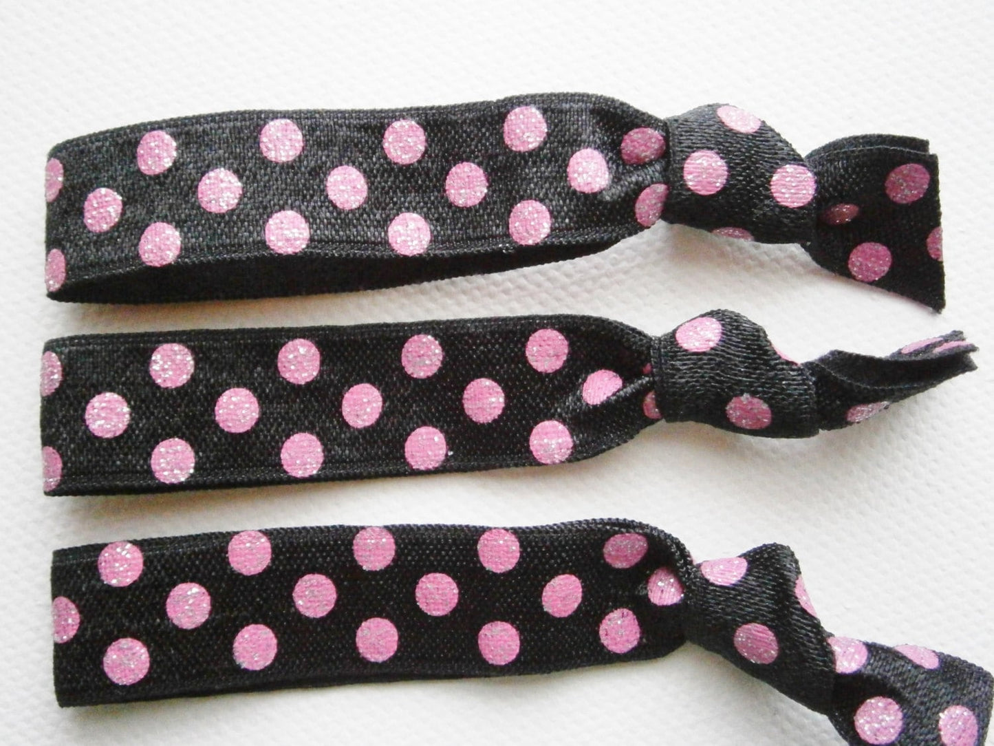Glitz & Glam - Set of 3 Black with Pink Glitter Polka Dots Hair Ties by Crimson Rose Cottage/Boho Elastic Hair Tie/Boho Soft Bracelet