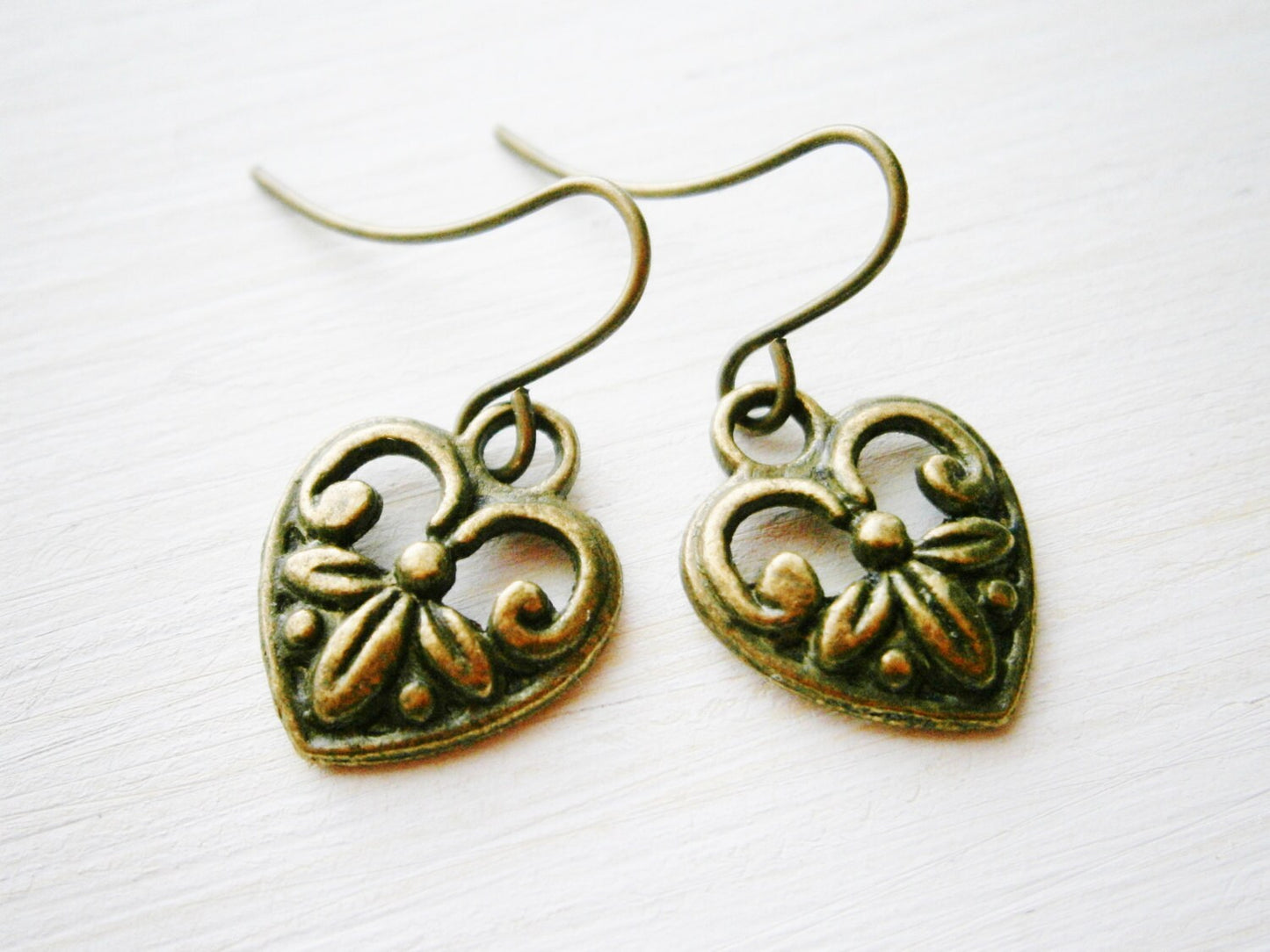 Small Antique Bronze Victorian Style Heart Charm On Antique Bronze French Earring Hooks/Dangle Earrings.