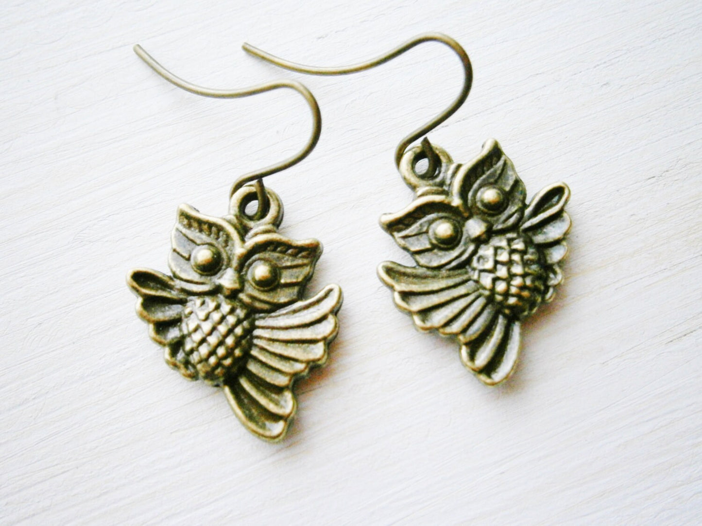 Antique Bronze Owl Charm On Antique Bronze French Earring Hooks/Dangle Earrings/Nature Earrings/Woodland Earrings.