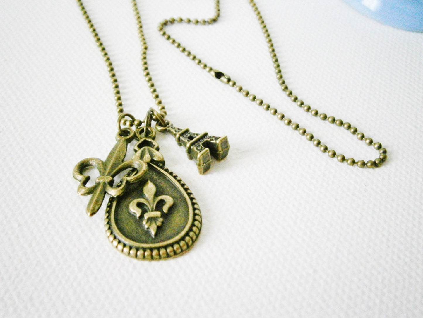 Antique Bronze Fleur de Lis Teardrop Necklace with Small Filigree Fleur de Lis and Tiny Eiffel Tower Charms/Boho Necklace/Paris Necklace