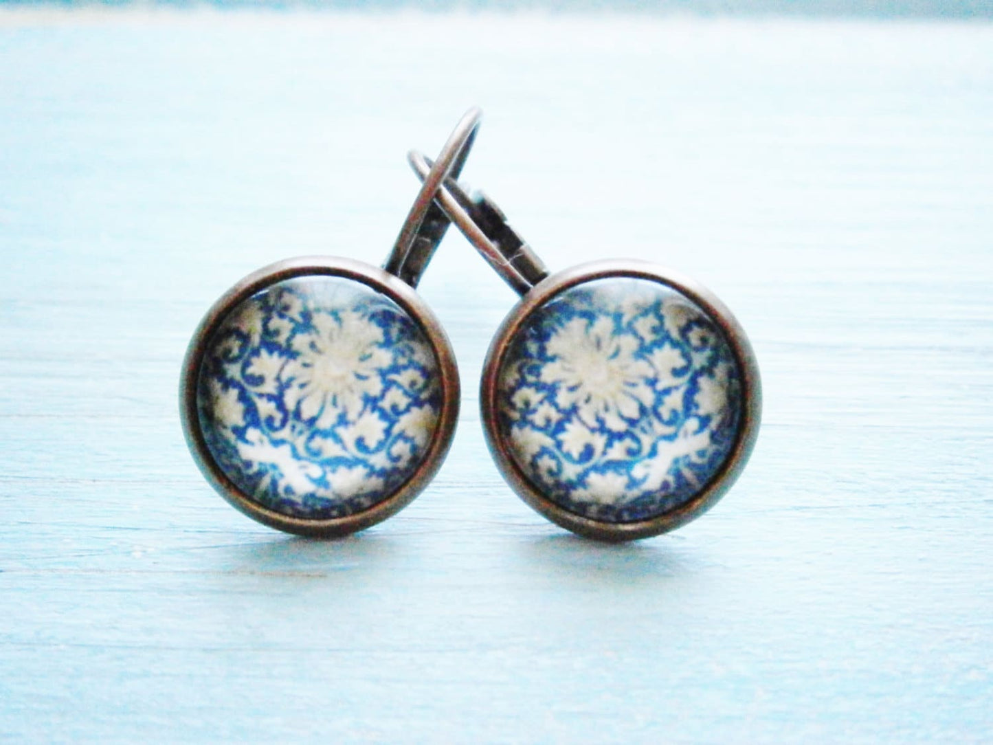 Vintage Floral Pattern Earrings/Blue Patterned Earrings/Dangle Earrings/Blue Earrings/Glass Dome Earrings/Floral Earrings/Bridesmaids Gifts