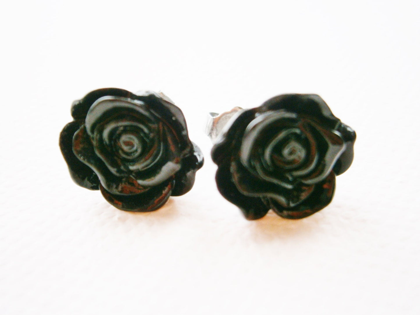 Black 13mm Resin Frilly Rose Flowers set on Stainless Steel Hypo Allergenic Earring Posts/Stud Earrings.
