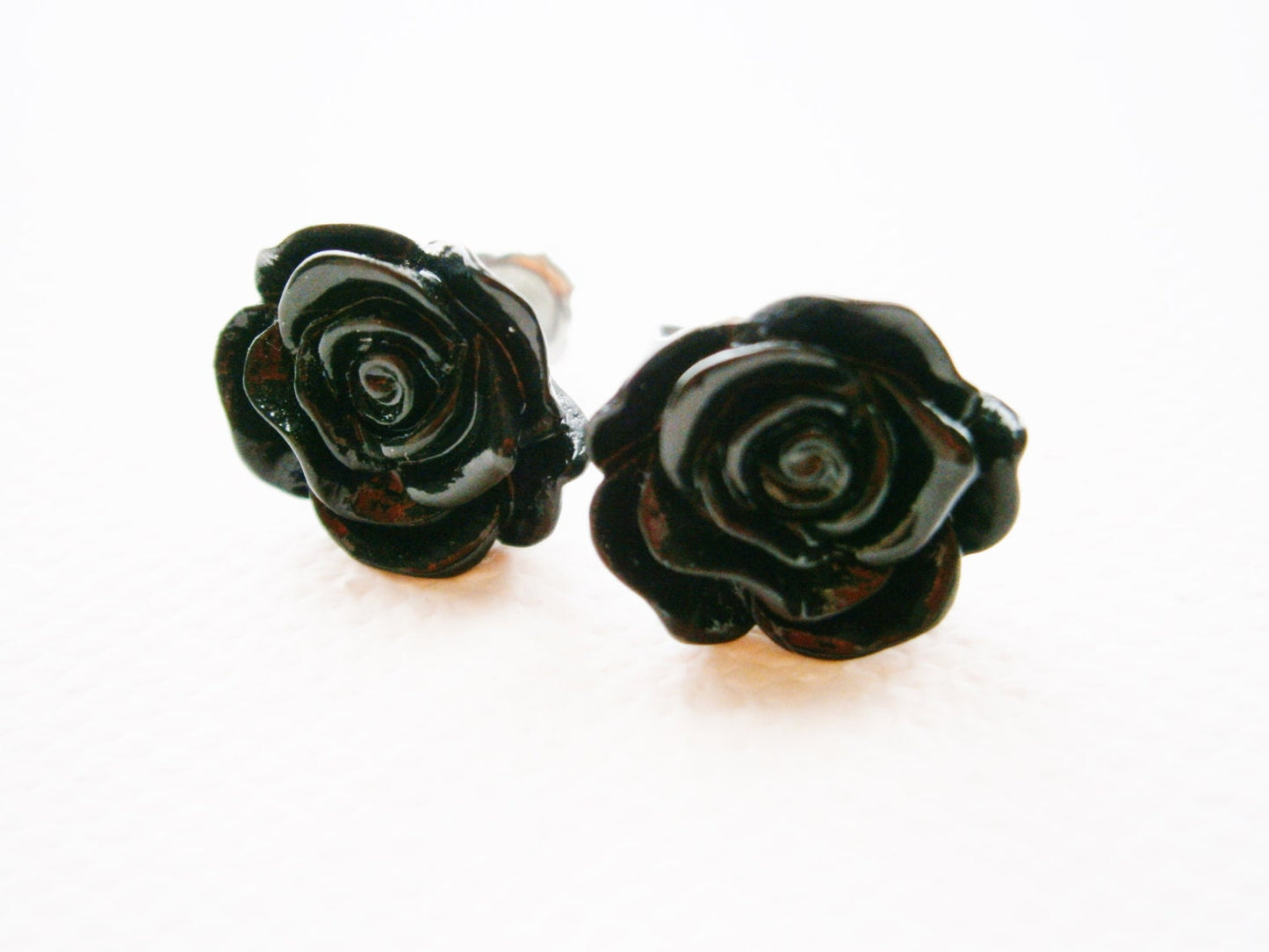 Black 13mm Resin Frilly Rose Flowers set on Stainless Steel Hypo Allergenic Earring Posts/Stud Earrings.