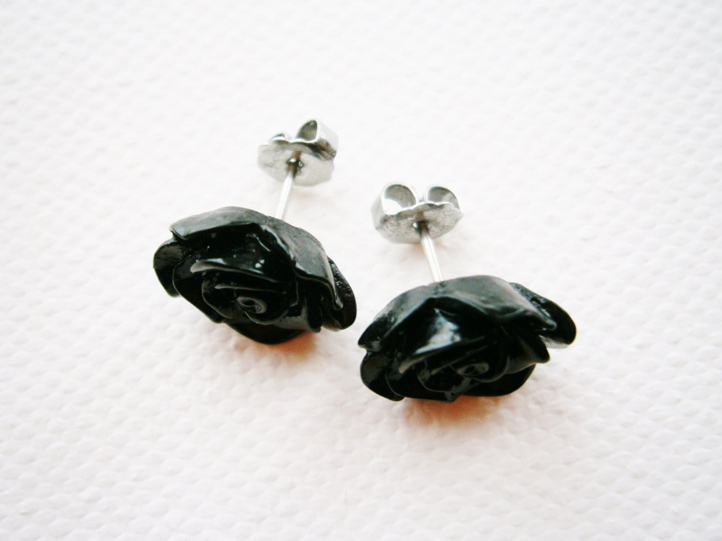 Black 13mm Resin Frilly Rose Flowers set on Stainless Steel Hypo Allergenic Earring Posts/Stud Earrings.