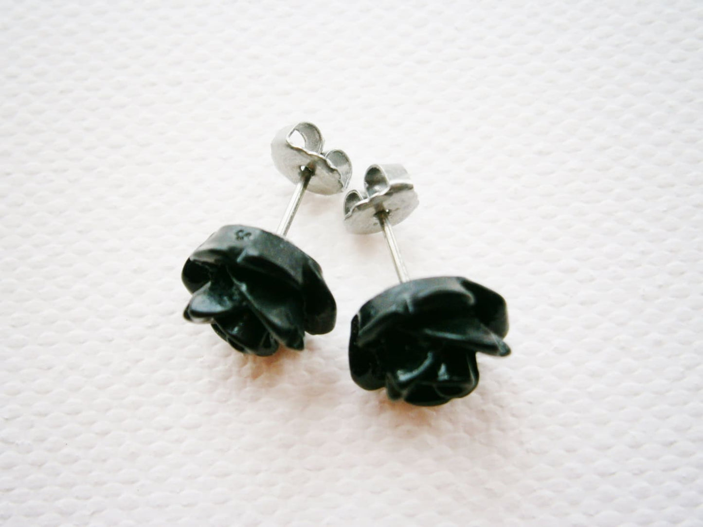 Black 10mm Resin Rose Flowers set on Stainless Steel Hypo Allergenic Earring Posts/Stud Earrings/Rose Earrings/Black Earrings