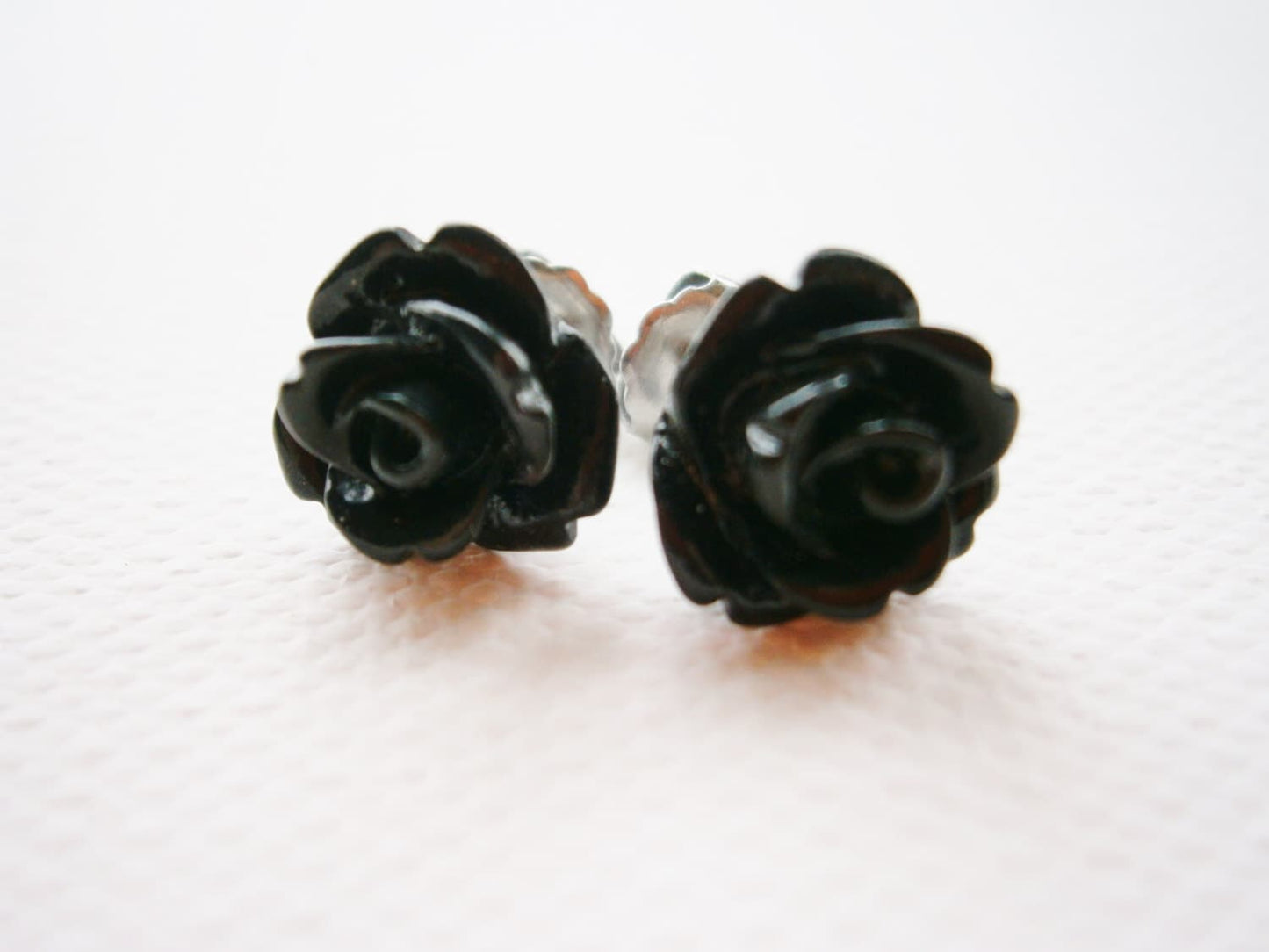 Black 10mm Resin Rose Flowers set on Stainless Steel Hypo Allergenic Earring Posts/Stud Earrings/Rose Earrings/Black Earrings