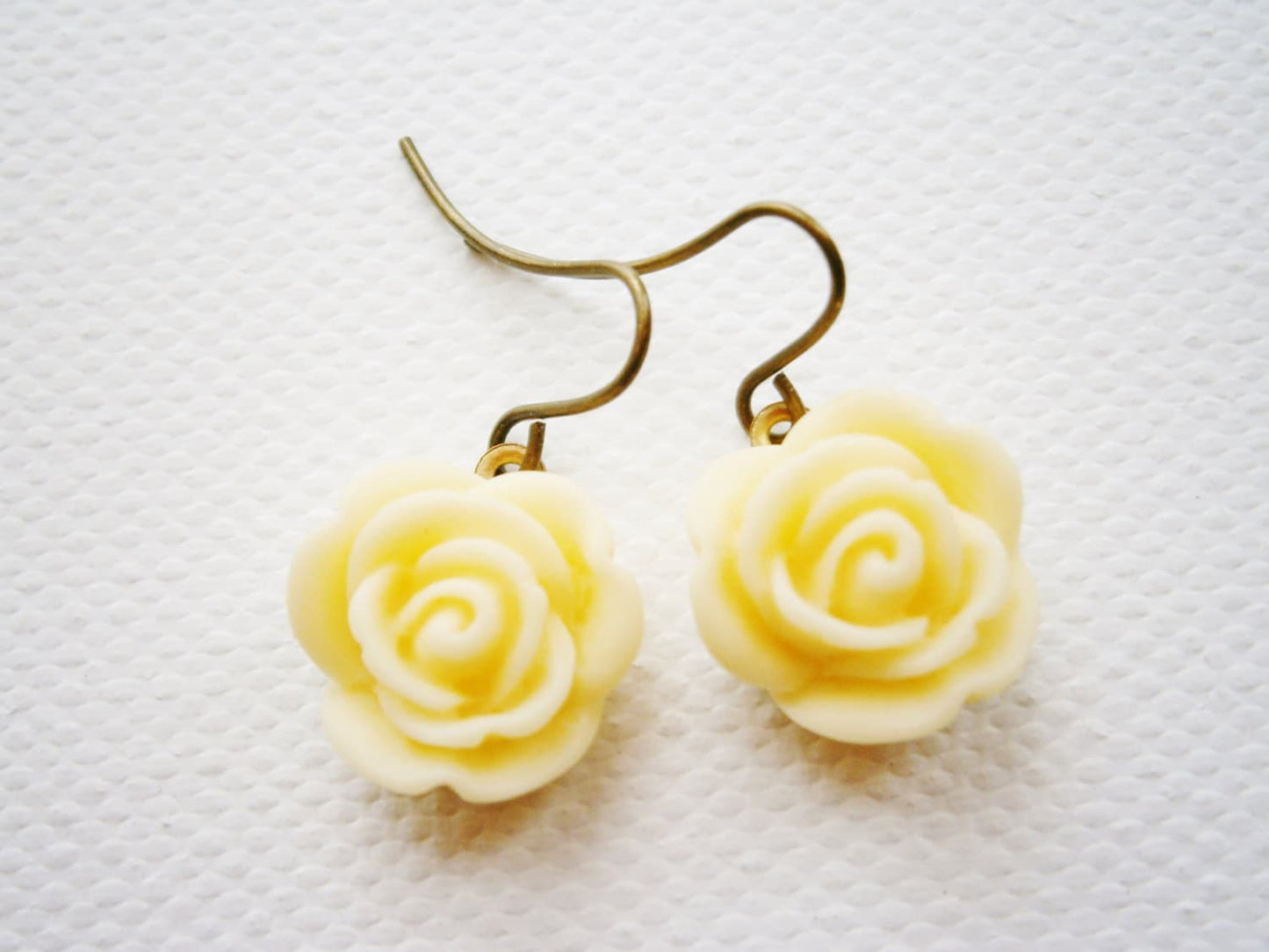 Cream 13mm Resin Rose set on Antique Brass Base and Earring Hook/Dangle Earrings/Bridesmaid Gifts