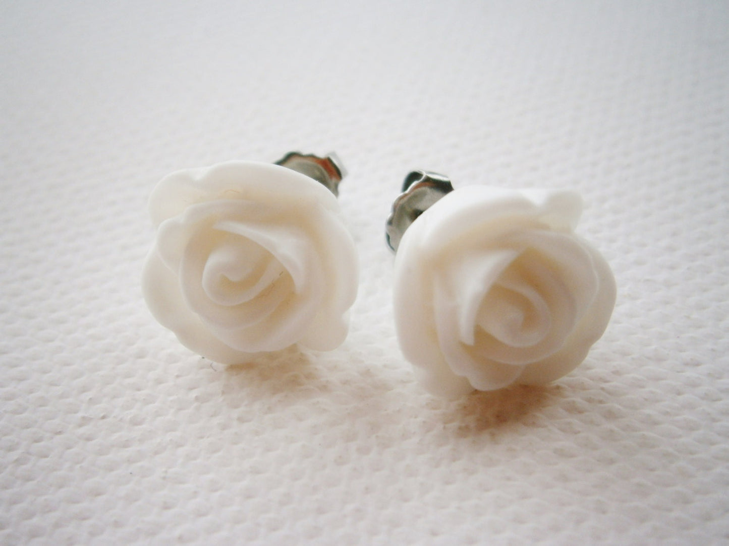 White 13mm Resin Rose Flowers set on Stainless Steel Hypo Allergenic Earring Posts/Stud Earrings.