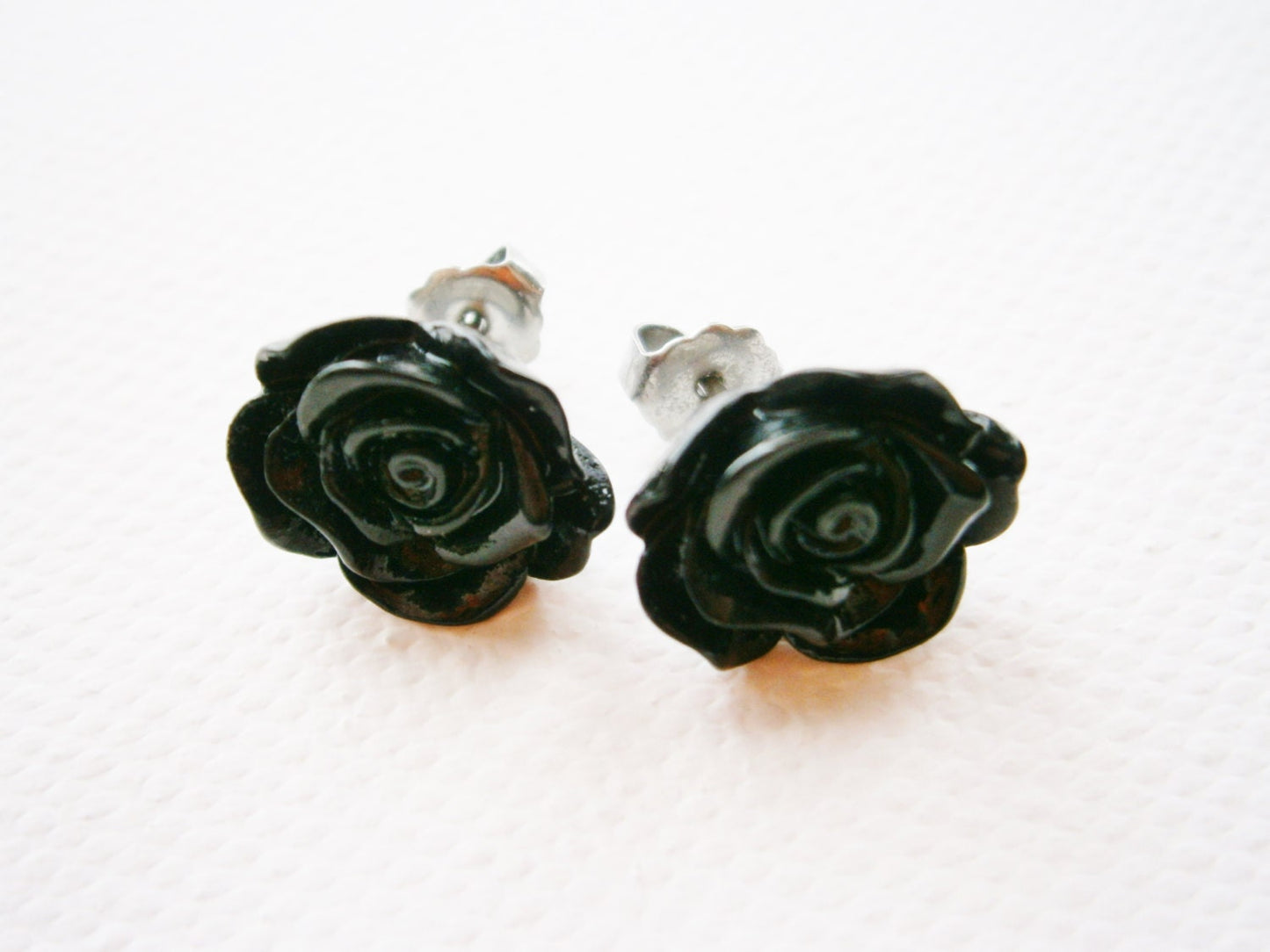 Black 13mm Resin Frilly Rose Flowers set on Stainless Steel Hypo Allergenic Earring Posts/Stud Earrings.
