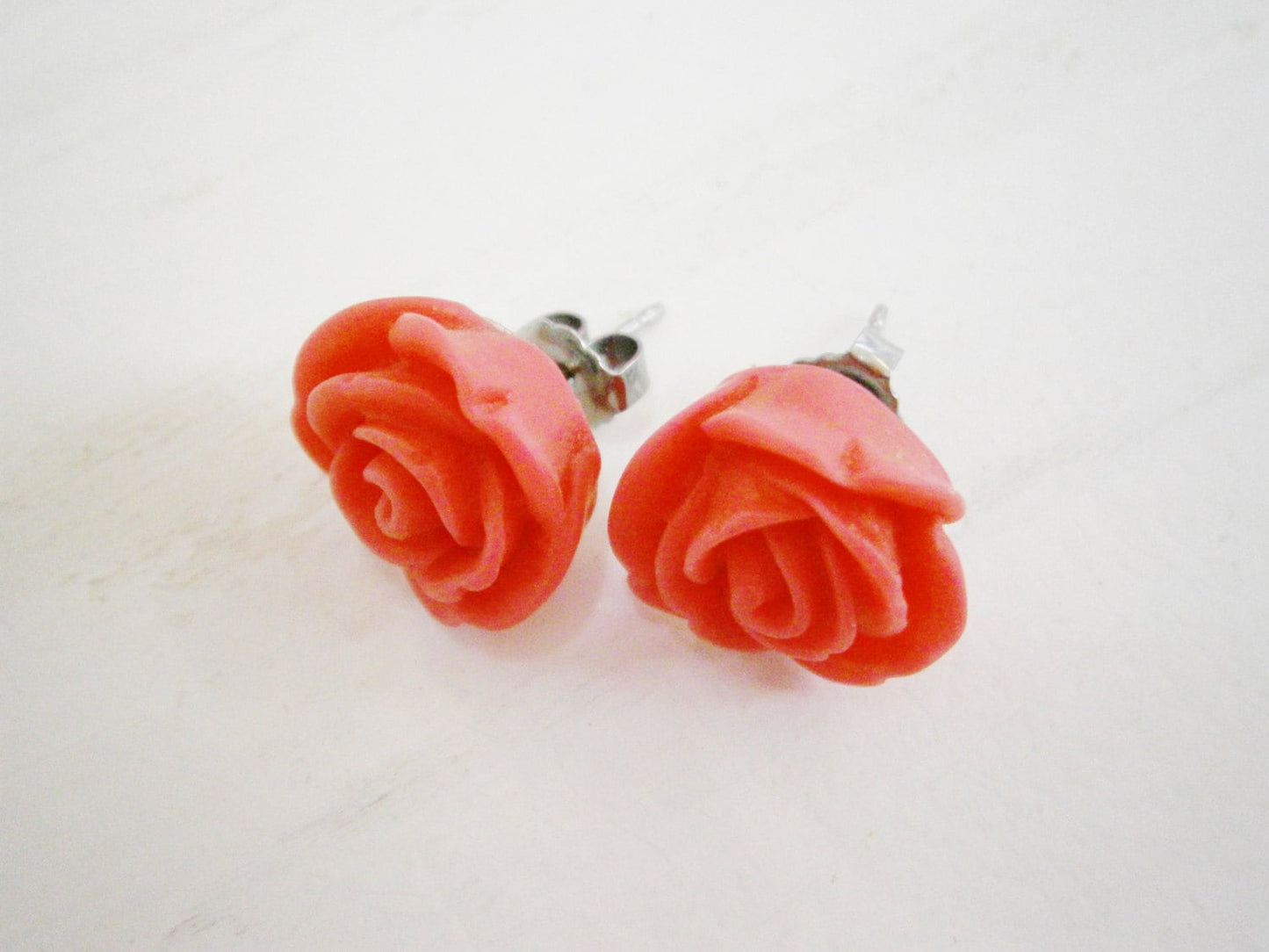 Dark Pink 13mm Resin Rose Flowers set on Stainless Steel Hypo Allergenic Earring Posts/Stud Earrings.