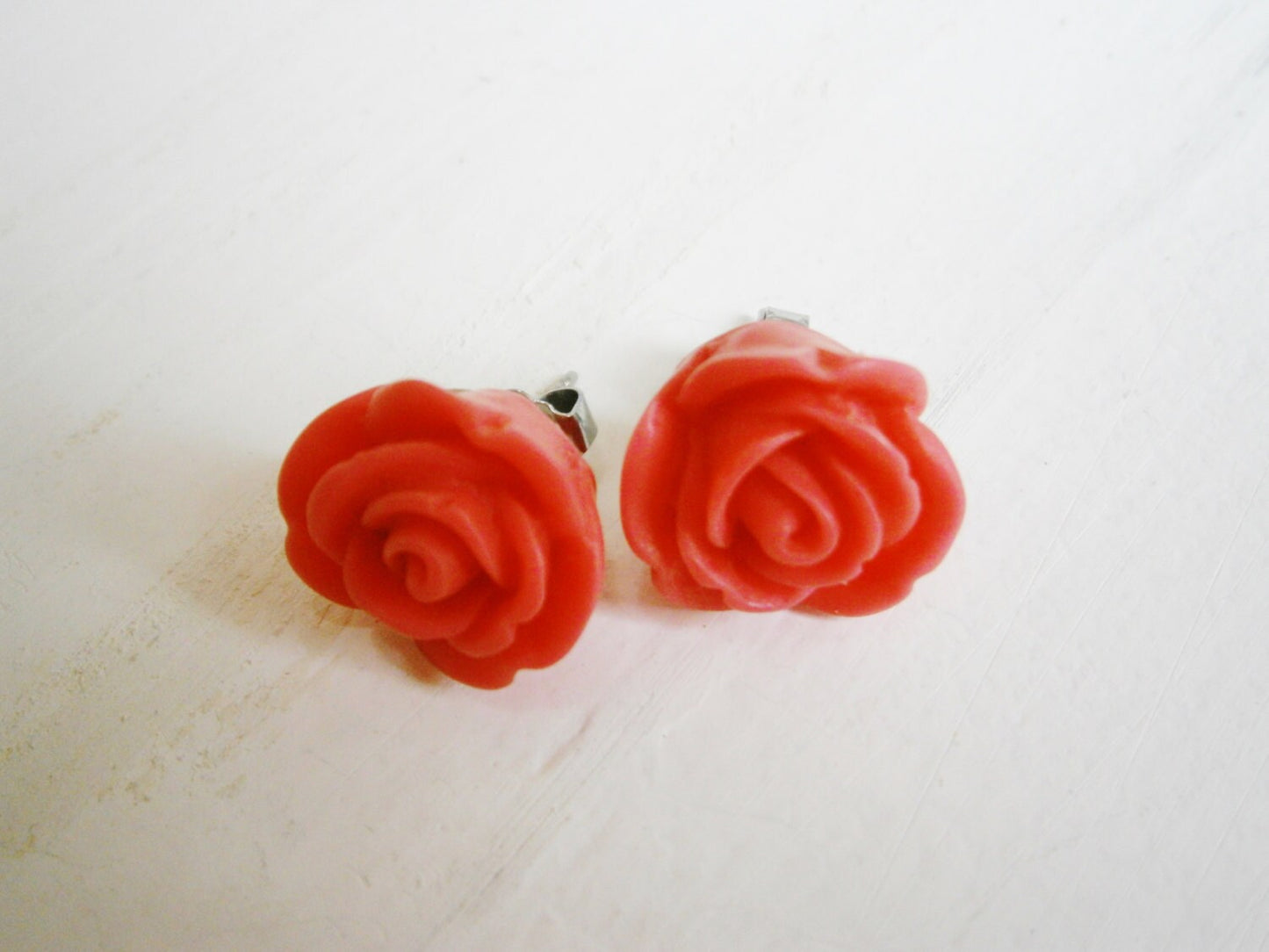 Dark Pink 13mm Resin Rose Flowers set on Stainless Steel Hypo Allergenic Earring Posts/Stud Earrings.