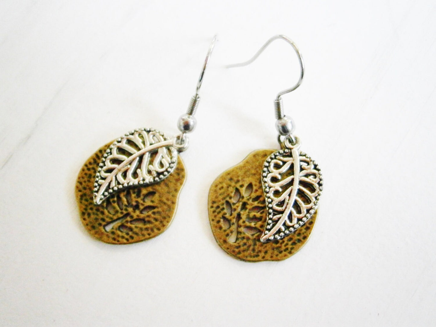 Antique Bronze Filigree Tree Fossil Charm/Antique Silver Filigree Leaf Charm On Stainless Steel Earring Hooks/Dangle Earrings/Boho Jewelry.