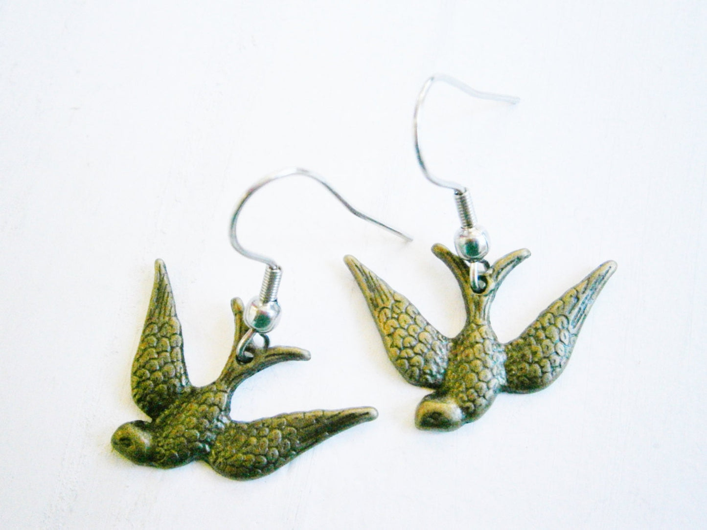 Antique Bronze Swallow Bird Charm On Stainless Steel Earwires/Dangle Earrings/Boho Jewelry/Nature Inspired/woodland Jewelry/Hypo-allergenic