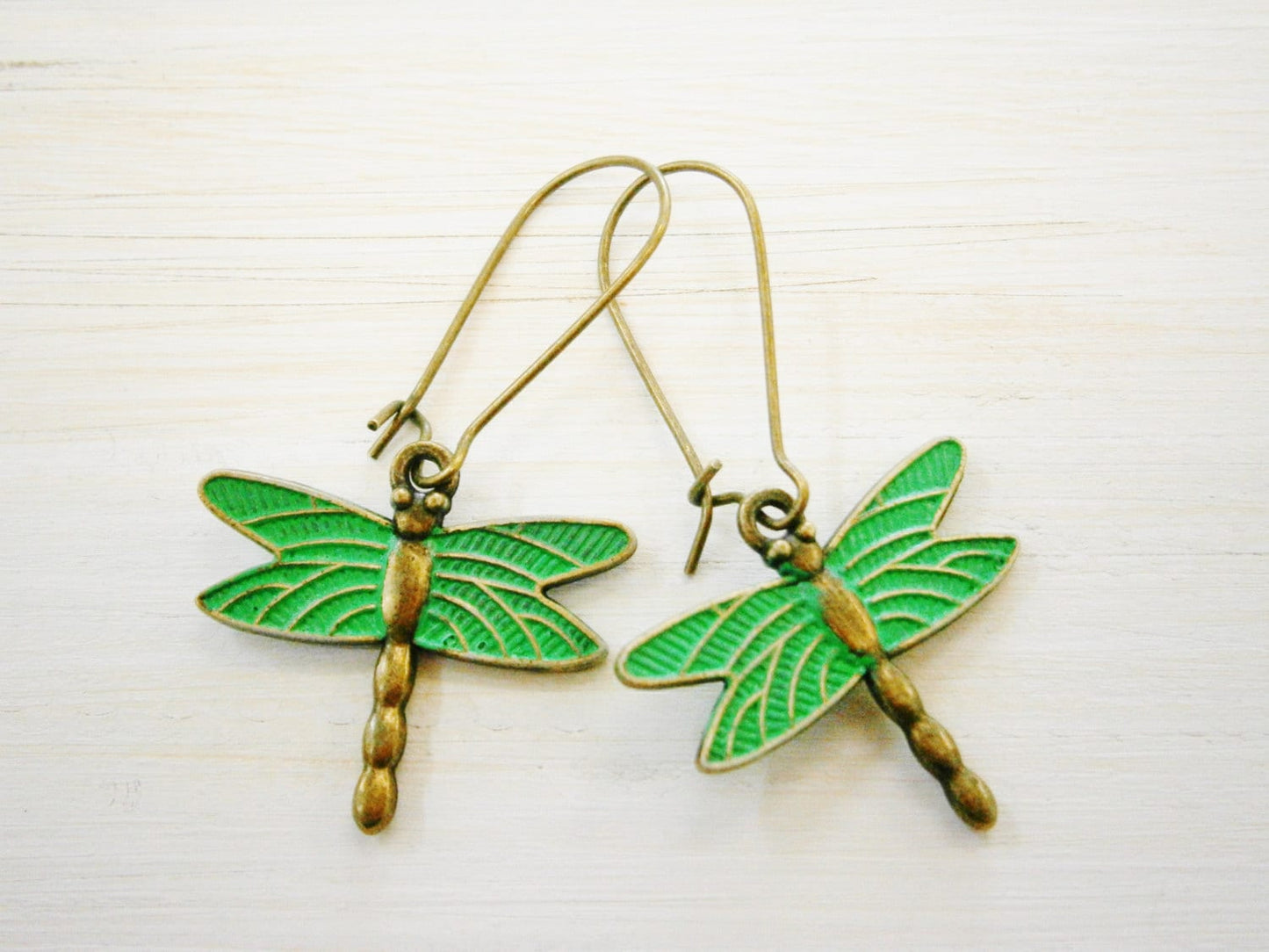 Antique Bronze Dragonfly with Emerald Patina Wings On Antique Bronze Kidney Wire Hooks/Dangle Earrings/Boho Jewelry/Woodland Jewelry