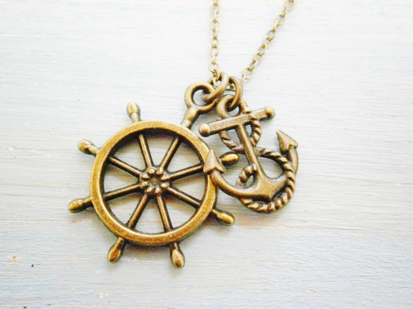 Antique Bronze Small Ship Wheel Charm & Mini Anchor Charm/Boho Necklace/Nautical Necklace