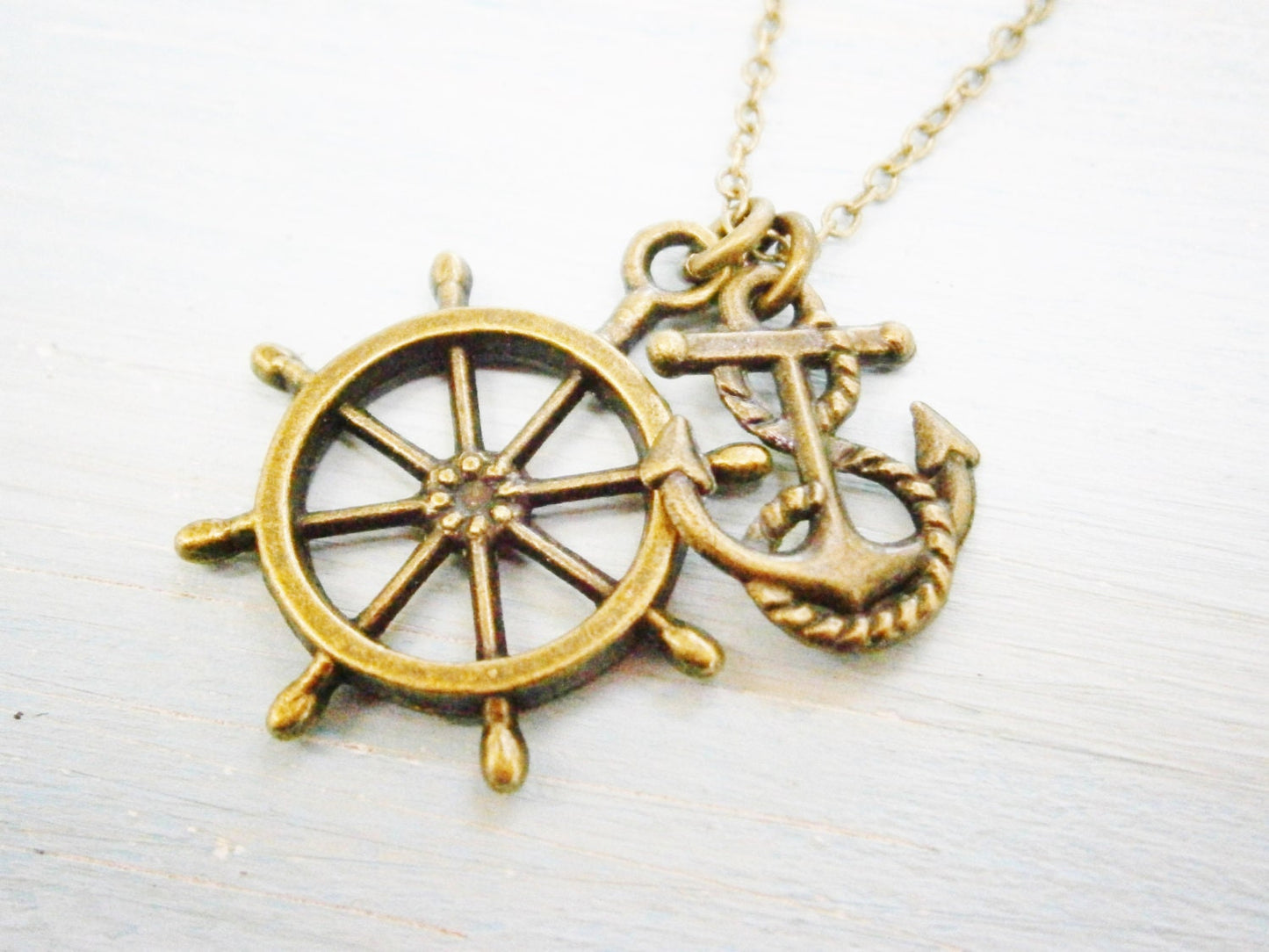 Antique Bronze Small Ship Wheel Charm & Mini Anchor Charm/Boho Necklace/Nautical Necklace