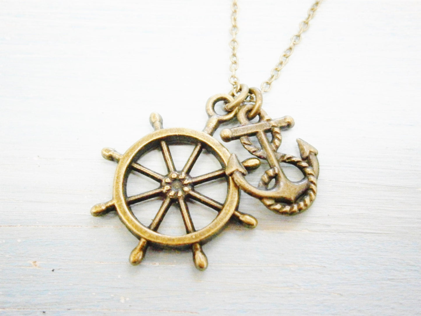 Antique Bronze Small Ship Wheel Charm & Mini Anchor Charm/Boho Necklace/Nautical Necklace