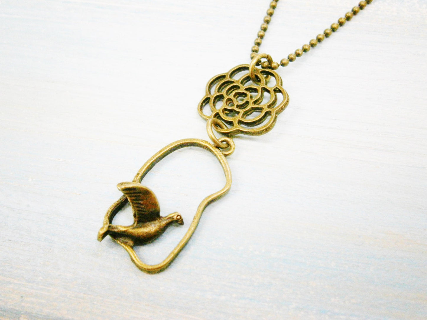 Antique Bronze Necklace with Filigree Flower and Bird Charm/Boho Necklace/Nature Necklace