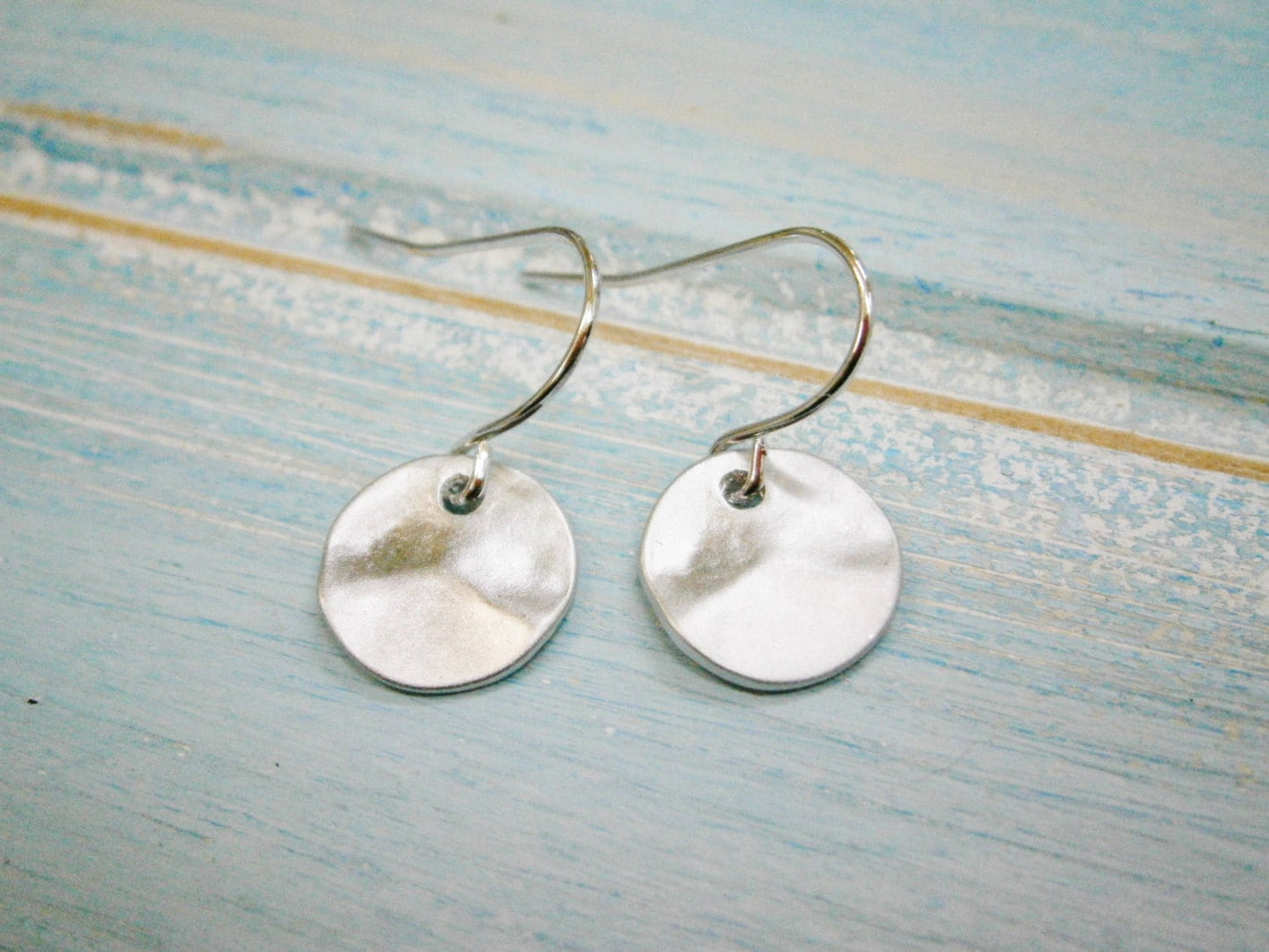 Matt Rhodium Plated Hammered Coin Pendant On Rhodium Plated French Earring Hooks/Dangle Earrings/Nature Earrings/Bird Earrings